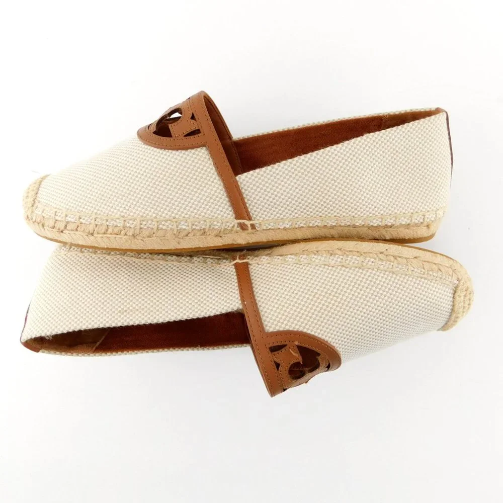 New TORY BURCH Natural Beige Tan Canvas Logo Slip-on Flat Espadrilles 8.5